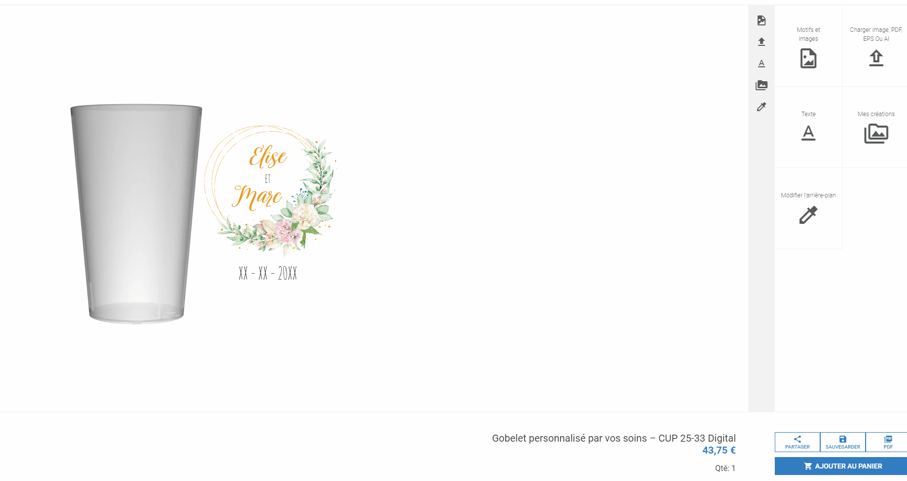 Configurateur 3D marquons — personnalisation gobelet mariage